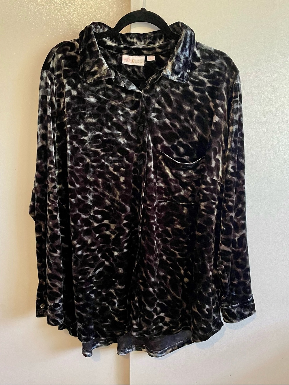 Belle by Kim Gravel Velvet Leopard Print Button Down Shirt 1X Black Grey Silver